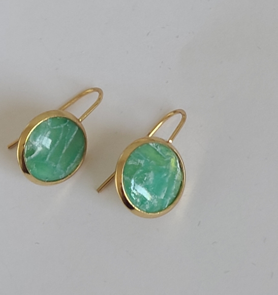 Hand Crafted Boho Gold Green Jade Gemstone Circle Drop Dangle Earrings - Picture 7 of 10